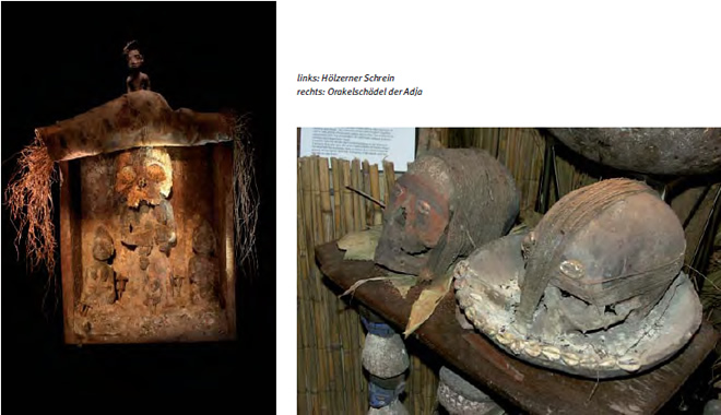 links: Hölzerner Schrein. rechts: Orakelschädel der Adja.