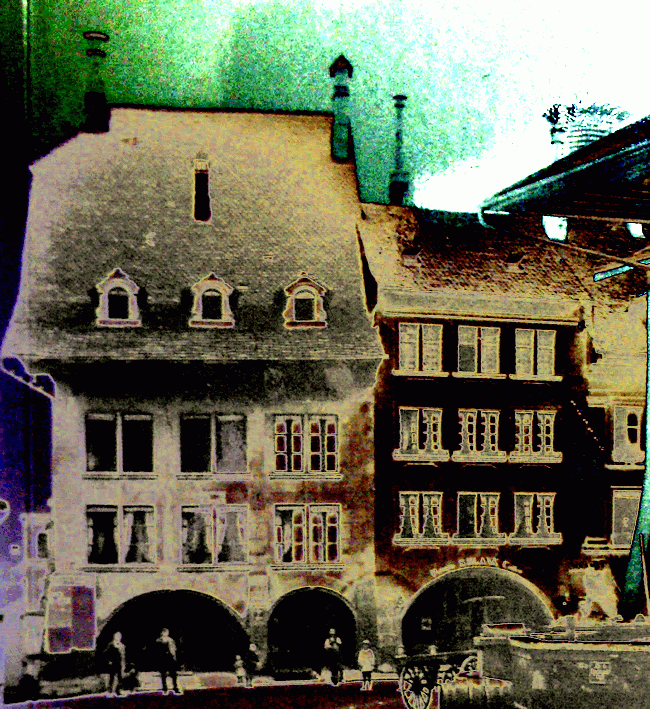 Historisches Foto. Kronenplatz, Burgdorf, am Gerechtigkeitsbrunnen. Ecke Hohengasse, Schmiedengasse in der Oberstadt. Nicht original. Bildbearbeitung(!): reLater, ghsvs.de